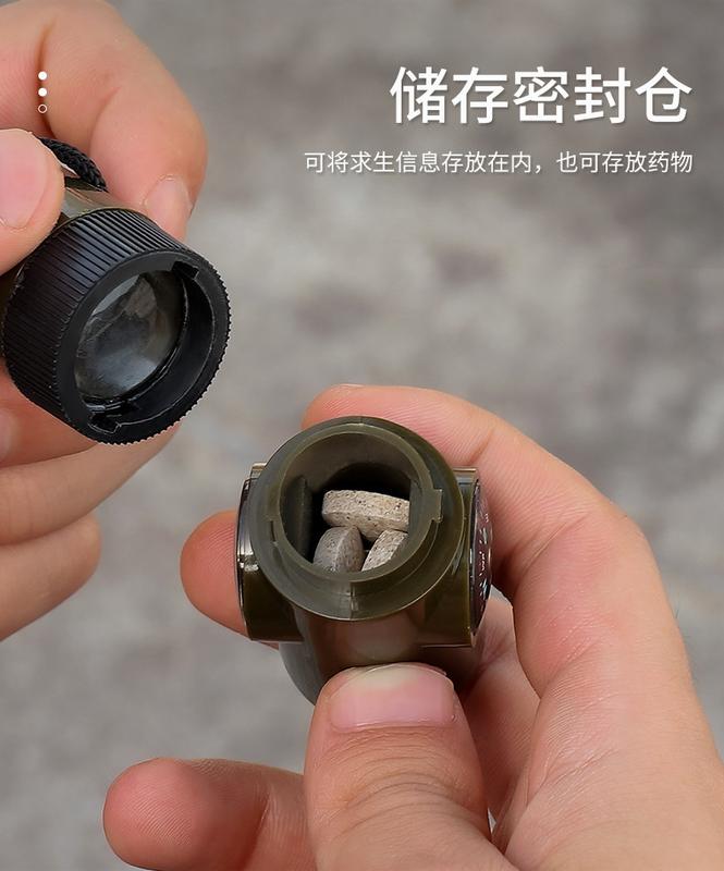 Product Introduction of 7in1 Emergency Survival Whistle Compass Multifunction Tool Magnifier Flashlight Storage Container Thermometer for Camping Hiking 8