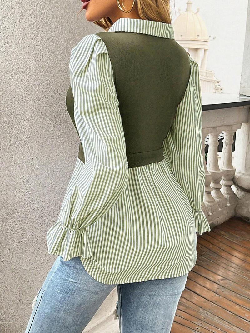 Product Introduction of Women's Striped Print Blouse, Elegant Long Sleeve Collared Top for Spring & Fall, Women's Clothing for Daily Wear 8