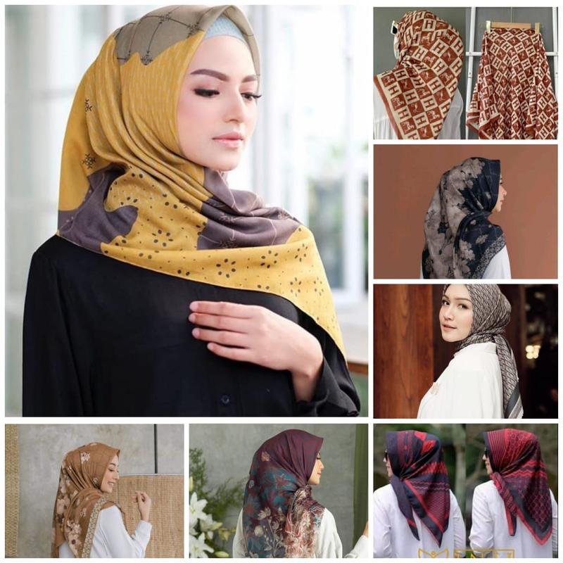 hijab segi empat mewah voal motif luna marun Muslim Square Kerudung Katun 5