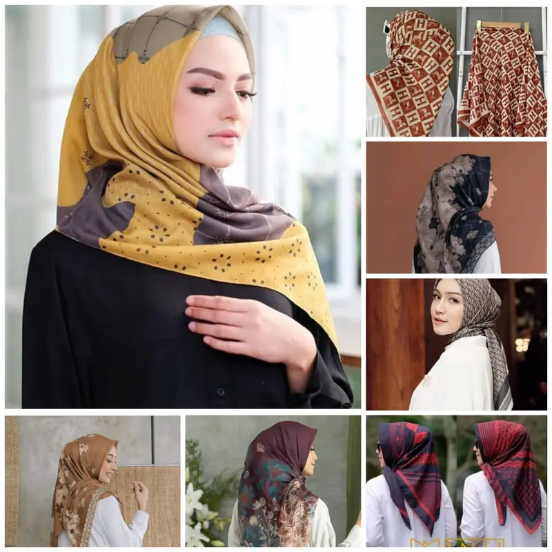 hijab segi empat mewah voal motif luna marun Muslim Square Kerudung Katun 4