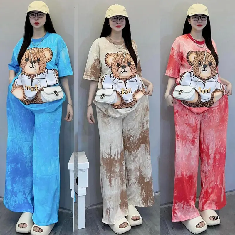 Korean Style Fashion Casual Loose Cartoon Bear Tie-Dye Two-Piece Suit For Women