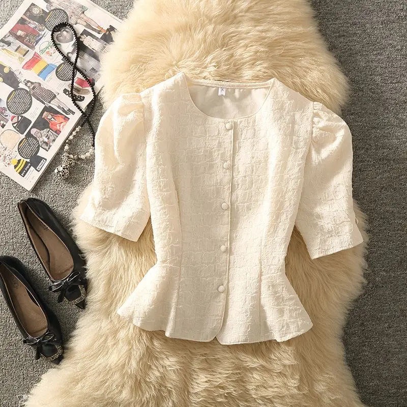 Áo Sơ Mi Tay bồng Jacquard, Thiết Kế Độc Đáo Áo Xếp Nhún Nữ, Quần Áo Nữ, Thiết Kế Đẹp