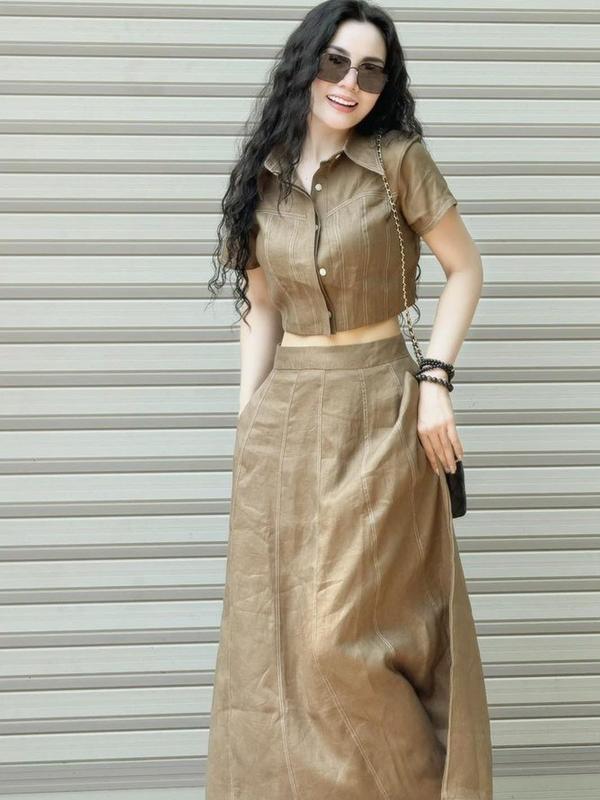 Sét Áo Ngắn Tay Áo Cộc Tay Croptop Kèm Chân nữ Linen Dài Qua Gối Dáng Suông nữ,Đi Biển Đi Chơi Du Lịch S123 váy váyxô vintage sétđồ y2k váybody da bộ cộctay full set setáodúmchânváy Women Kem áocroptop áo váy 【set lota bear short sleeve white Jacket hàn q