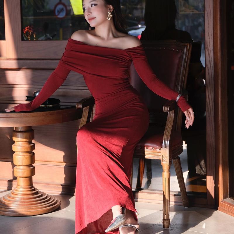 Miolady - Váy Body Tay Dài Trễ Vai Nhún Eo Tùng Đuôi Cá, Chất Thun Nhũ Mềm Mịn Co Dãn, Váy 2 Lớp Màu Đỏ Đen