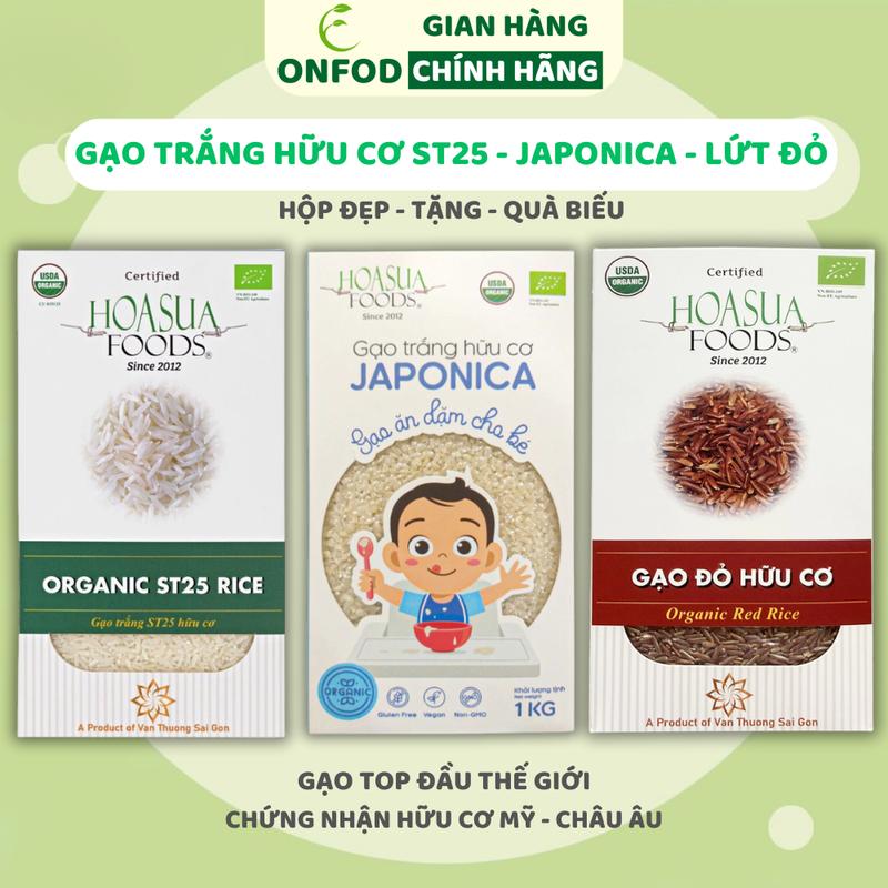 Gạo trắng hữu cơ ST25, Japonica, lứt đỏ 1kg Hoa Sữa ONFOD nấu cơm nấu cháo ăn dặm cho bé hộp đẹp