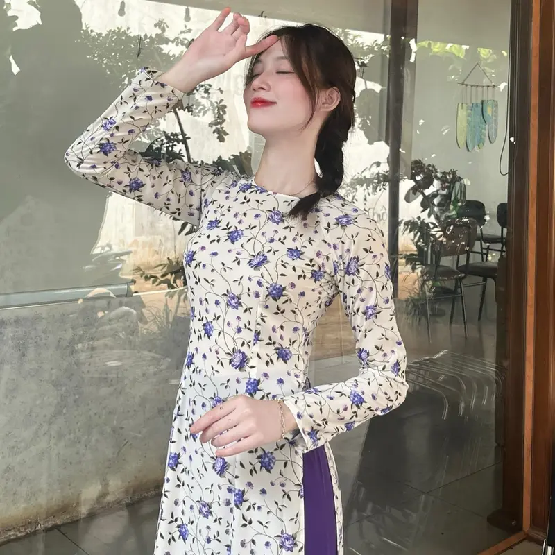 Bộ áo dài lụa in 3D cao cấp kèm quần lụa sang trọng. Women Nữ 8