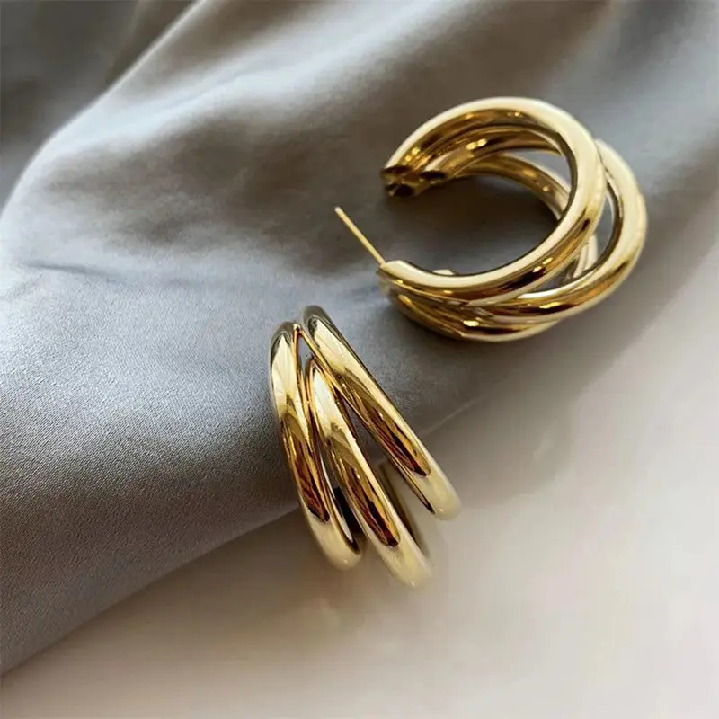 New Gold Silver Color Hoop Earrings for Women Korean Fashion Three-layer Hoops Big Thick Round Earrings Piercing Jewelry Gifts
