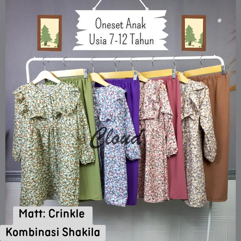 Setelan Anak perempuan motif bunga bahan crinkle airflo kombinasi Shakila usia 7-12 Tahun Oneset Kiyowo 4