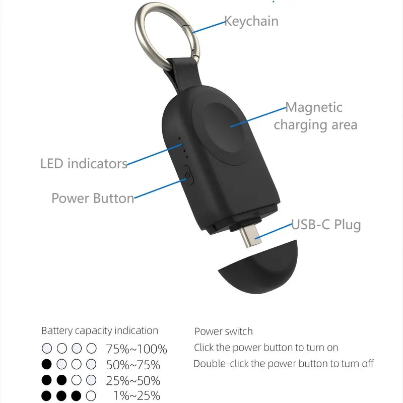 Portable Magnetic Wireless Charger, 1200mAh Keychain Power Bank with Indicator Light, Compatible with iWatch & AirPods Series 2