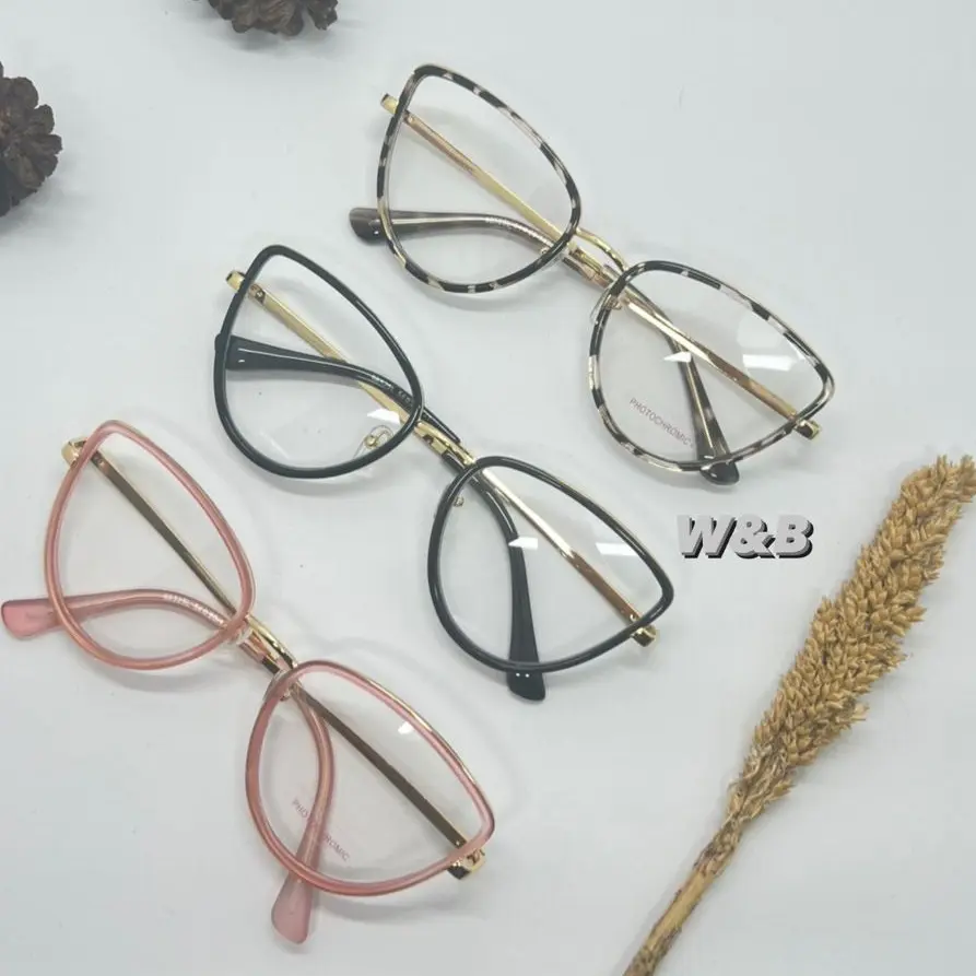 (Beli 1 Kacamata Non Normal Gratis 1 cateye Random)Frem Kacamata photocromik Cateye Fee Bok Dan Lap Photocromic Lensa Biru Hitam