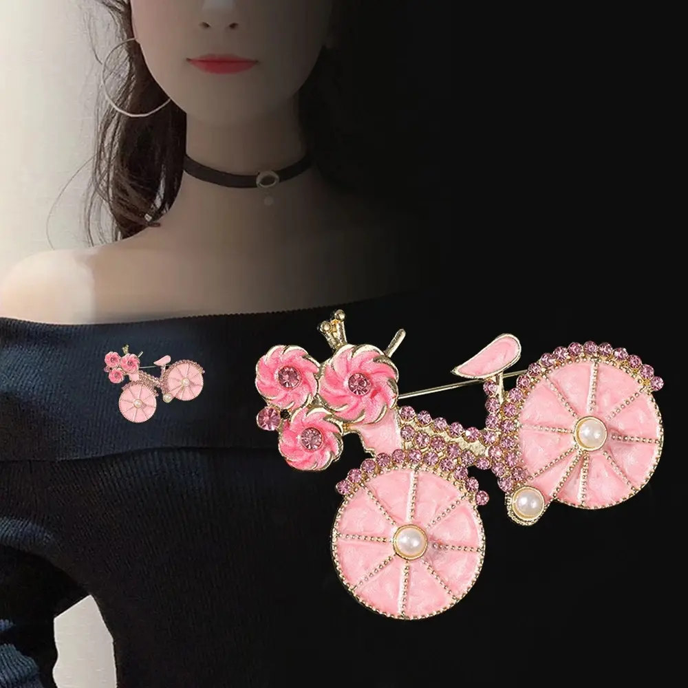 Exquisite Rhinestone Bicycle Brooches Simple Pink Flower Bike Lapel Badge Pin Jewelry Corsage Clothing Accessories Gifts
