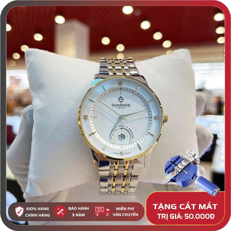 Đồng hồ nam, đồng hồ dây kim loại Sunrise 1223SA full box, kính sapphire chống xước, chống nước Watch Đeo Tay