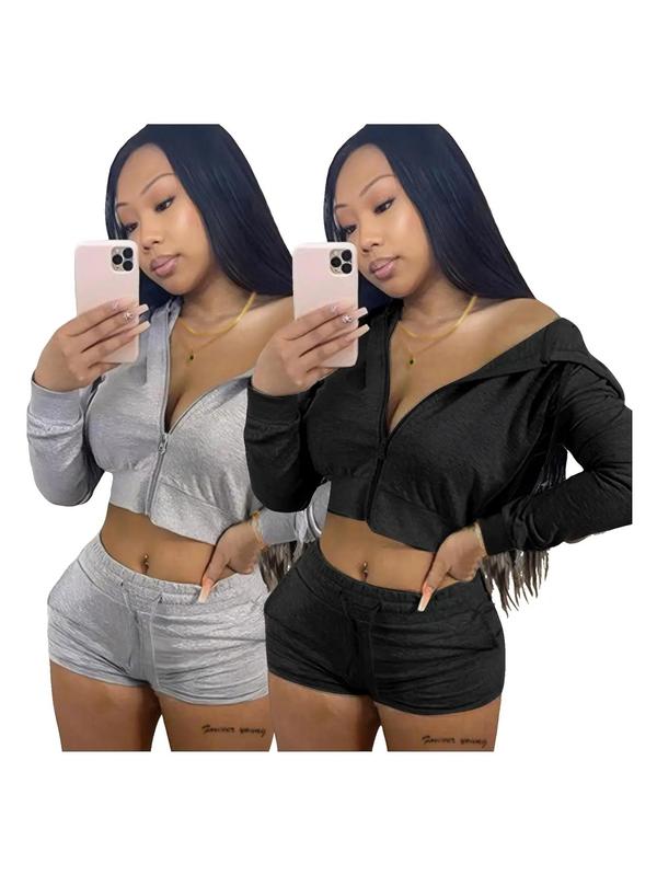 Two-Piece Set Women's Solid Zip Up Crop Hoodie & Drawstring Waist Shorts Set, Long Sleeve Cropped Hooded Top & Pocket Track Shorts, Casual Spring & Fall Clothes for Outdoor 8