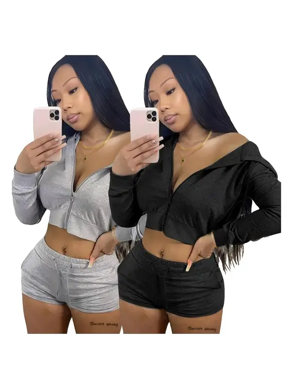 Two-Piece Set Women's Solid Zip Up Crop Hoodie & Drawstring Waist Shorts Set, Long Sleeve Cropped Hooded Top & Pocket Track Shorts, Casual Spring & Fall Clothes for Outdoor 8