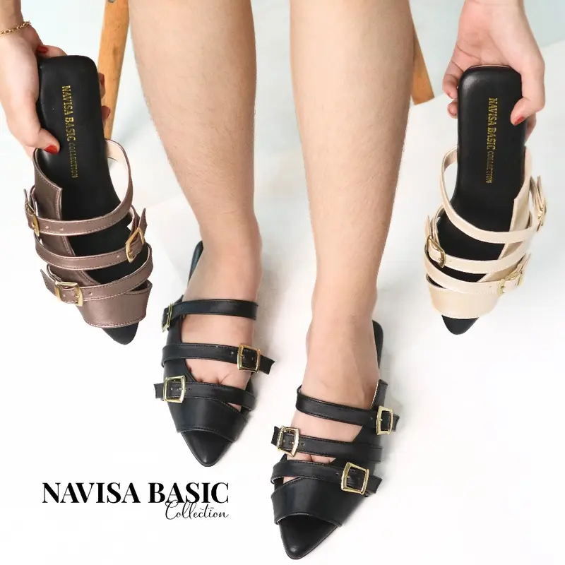 Mules Flatshoes Wanita / Hak 2cm Gesper Sepatu Flat Super Empuk Navisa Basic collection Damelia vivi nichi clavio 3