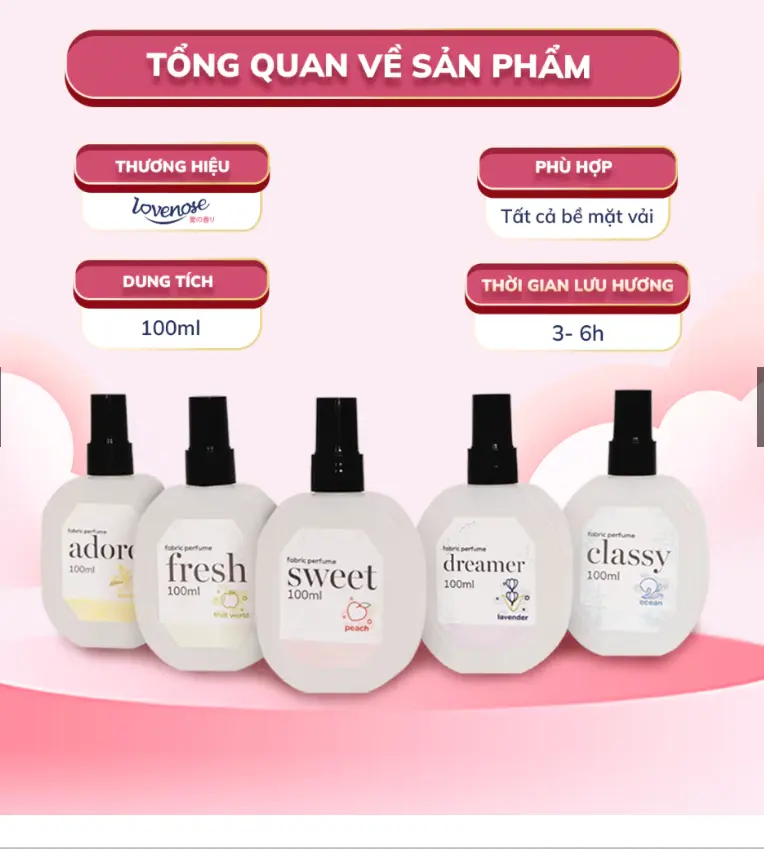 Xịt thơm quần áo Lovenose 100ml chiết xuất dầu thiên nhiên thơm mát khửi mùi hôi, chai xịt thơm tủ quần áo