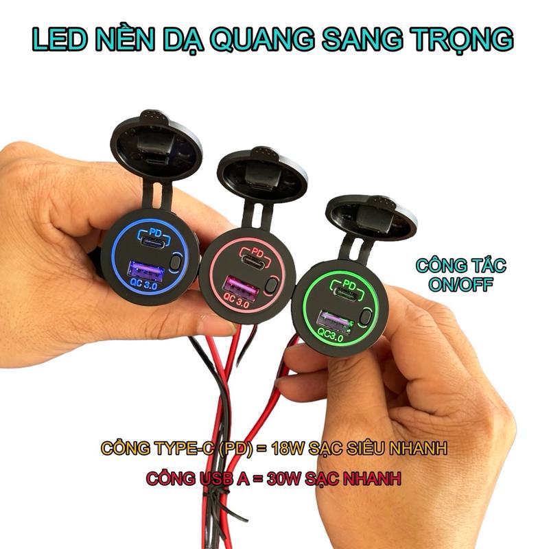 Tẩu Sạc xe máy có sạc nhanh 2 Cổng Usb: Usb A Qc3.0= 18w + Usb Type-C (pd)= 36w Có Công Tắc ON/Off, Led nền dạ quang Cho Xe Hơi Xe Máy xe tải hoặc kẹp bình gắn pin rời Phụ Kiện