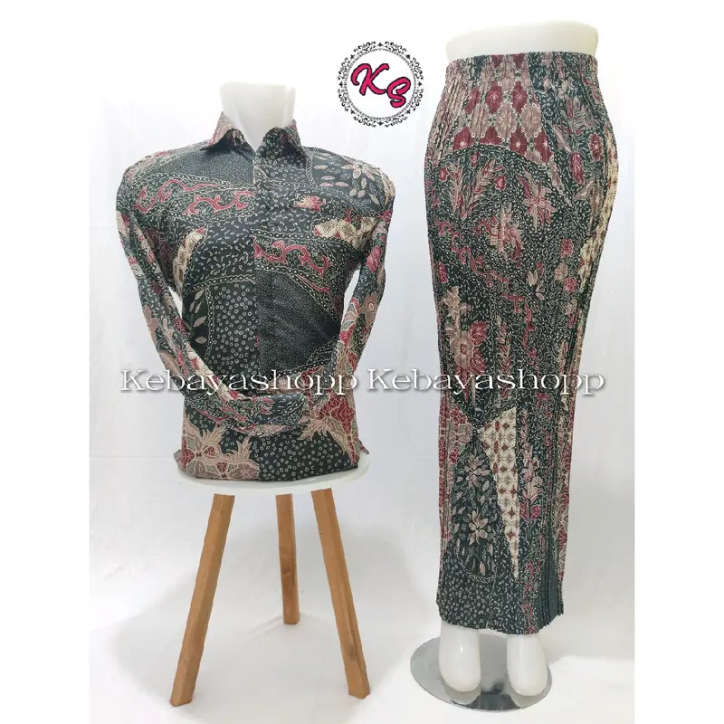 couple kemeja batik panjang dan rok plisket batik Baju Kancing Katun Kondangan Lembut Seragam Wanita Pasangan 5