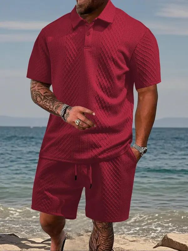 Men's Solid Shortsleeve Polo Shirt & Drawstring Waist Shorts Set, Casual Cozy Breathable Two-piece Outfits for Tropical Daily Outdoor Wear, Men Clothes for Summer Beach, Menswear, Summer Clothing Set 4