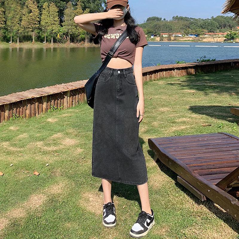 A-Line High Waist Slit Denim Skirt for Women Summer 2025 New Mid-Length Slim Fit Pencil Skirt Black Gray 3