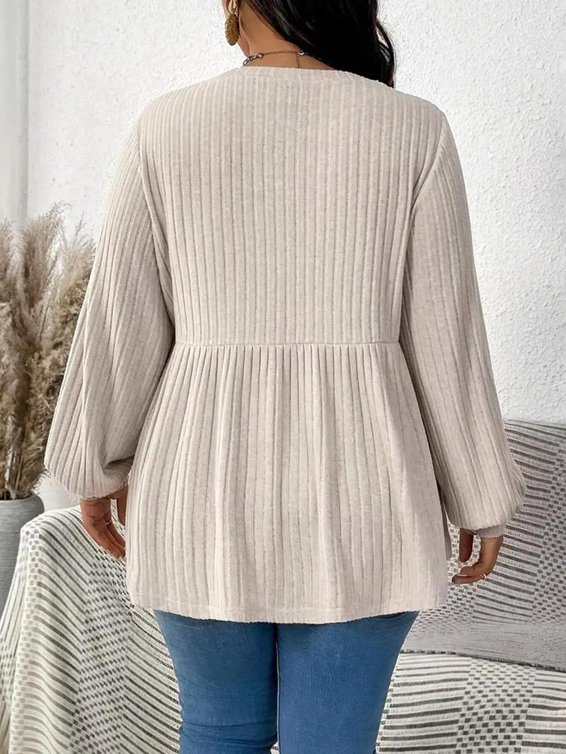 Product Introduction of 【Plus Size】Solid Color Ribbed T-shirts, Casual Long Sleeve Round Neck Top for Daily Wear, Women's Plus Clothing for All Seasons 2