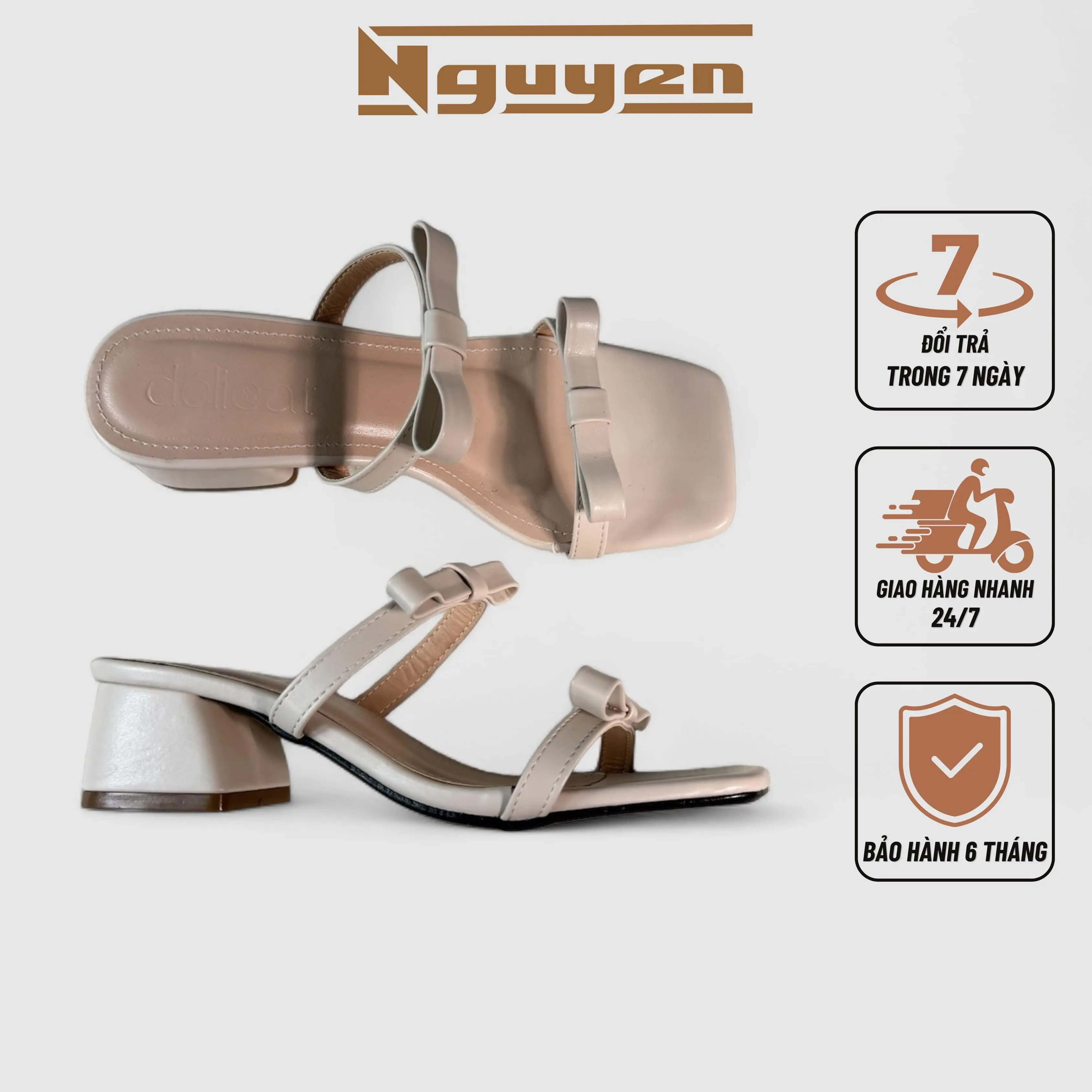 (Chân dày tăng size) Giày sandal nữ cao 5p gót vuông 2 quai ngang đính nơ dễ thương xinh xắn thời trang Nguyễn Gia N165
