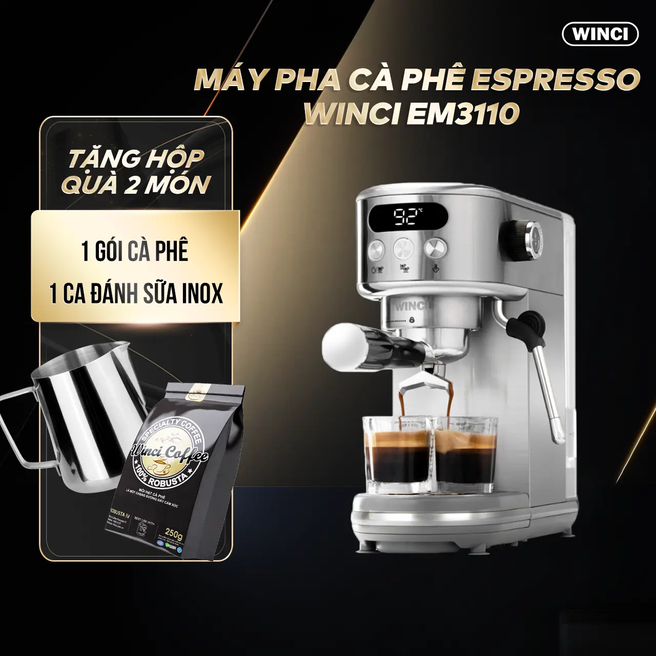 Máy pha cà phê tự động Winci EM3110 áp suất 20 Bar Công Suất 1350W Đánh bọt sữa Espresso Americano Cappucchino Latte Tặng 1 gói cà phê 1 ca inox Pha cà phê Máy pha cà phê pha chế tự động