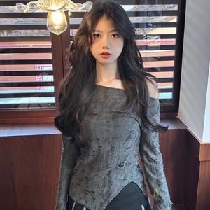 เสื้อยืดแขนยาวย้อนยุคอเมริกันพร้อมดีไซน์ไม่ซ้ำใคร, ชั้นฐานชนกลุ่มน้อย, เปิดไหล่ใหม่, สลิมฟิต, แจ๊กเก็ตโดดเด่นด้านบน