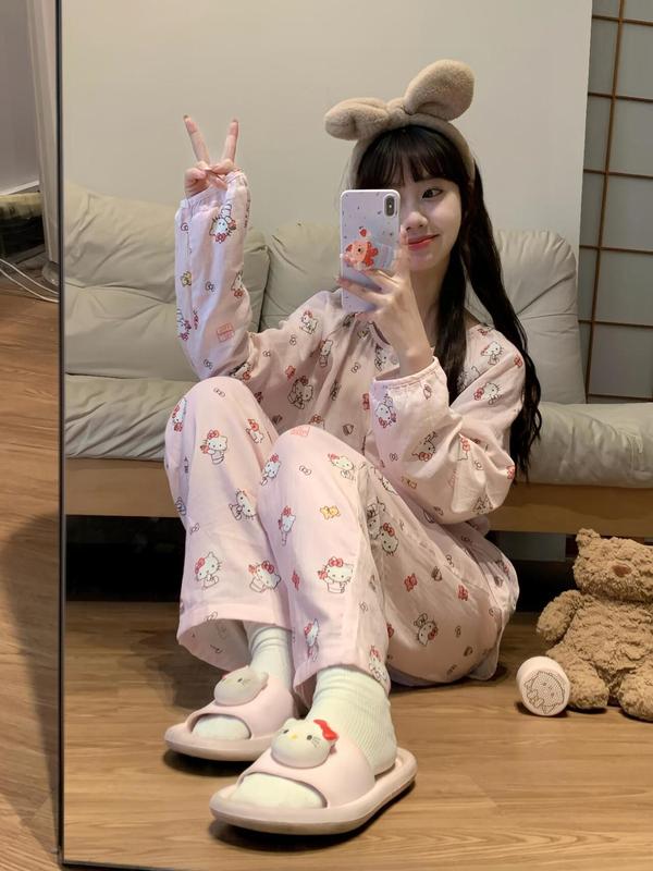 Bộ Đồ Ngủ Hello Kitty, Dành Cho Nữ, Thiết Kế Hoạt Hình Dễ Thương, PannoFluxus, Thích Hợp Cho Mùa Xuân Và Mùa Thu, Hàng Mới Về, Lý Tưởng Cho Sinh Viên Ký Túc Xá, Áo Dài Tay Và Quần Dài, Áo Mặc Bên Ngoài, Bộ Quần Áo Mặc Nhà 2