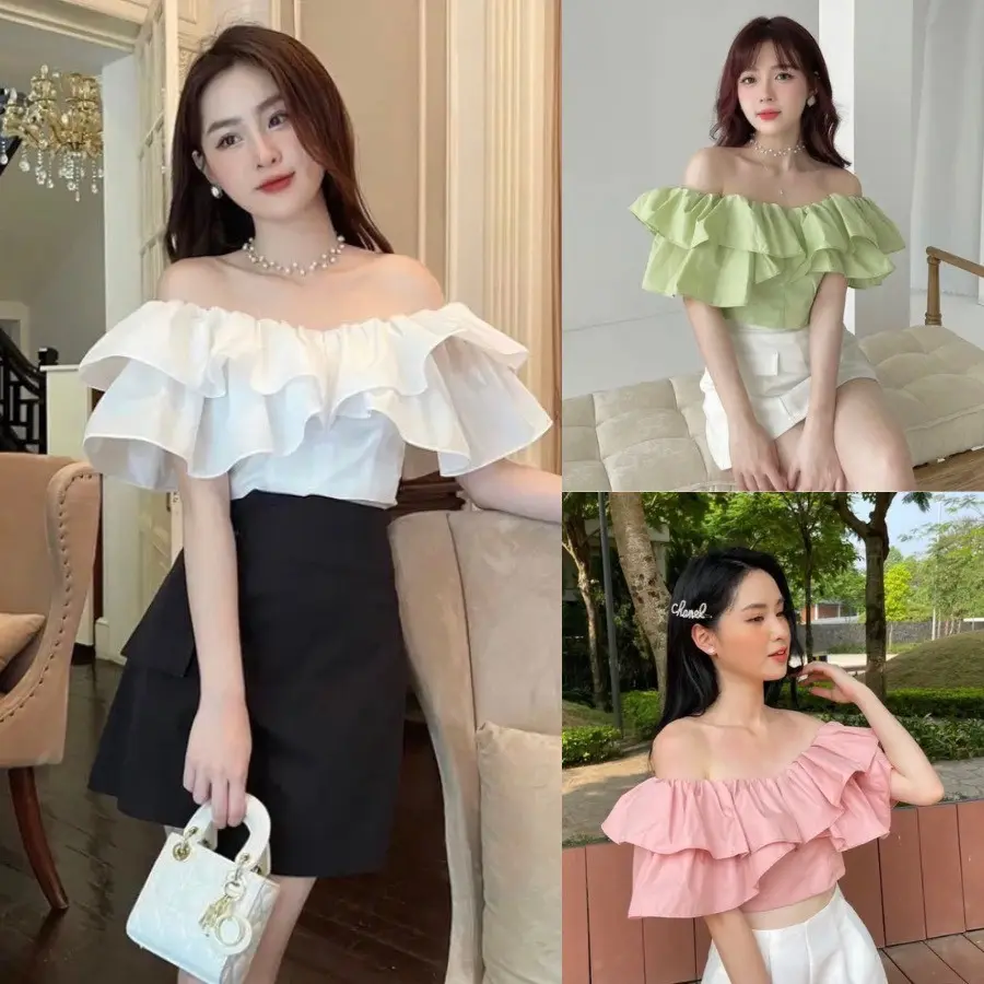 🌸elephant🌸Áo Trễ Vai 2 Tầng Tiểu Thư Babydoll , Áo Cúp Ngực Bèo Ôm Eo Tôn Dáng Kiểu Hàn Quốc Thiết Kế Đi Biển Đi Chơi Giá Rẻ
