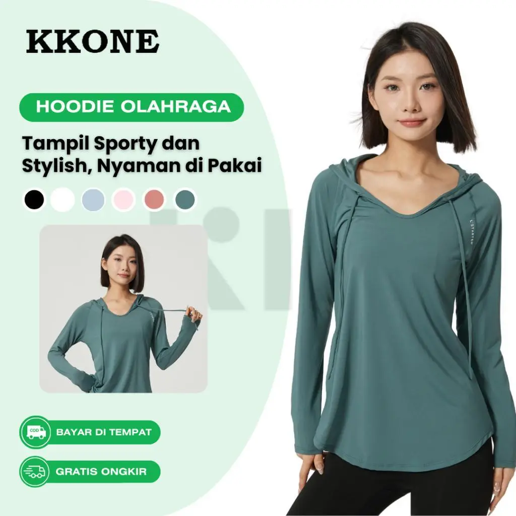 KKONE Baju Olahraga Wanita Atasan Hoodie Olahraga Kaos Lengan Panjang Sport Gym Casual Kaos Olahraga Wanita Pakaian Gym Hoodie Tunik Tangan Pendek Oblong(KP001)