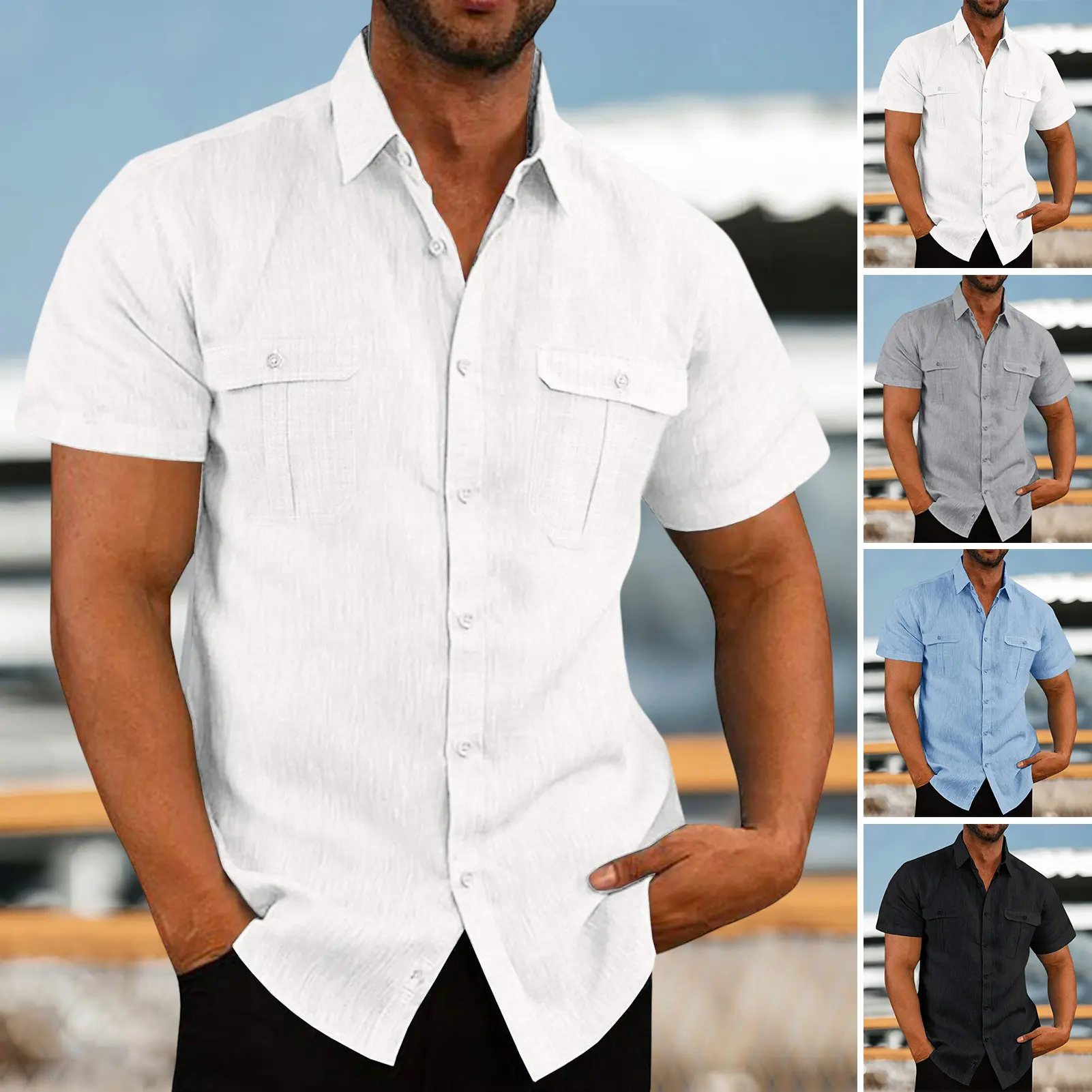 Men Summer Shirt Single-breasted Turn-down Collar Lapel Cardigan Solid Color Match Pants Soft American Men Summer Top Men Clothes