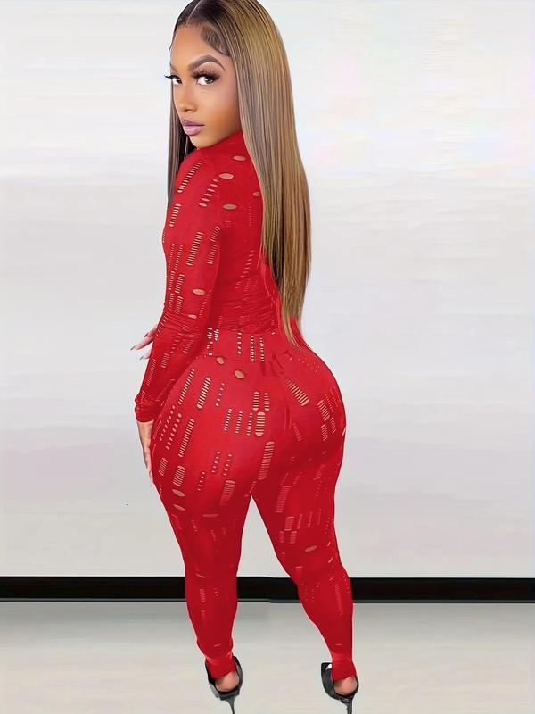 Women's Plain Ripped Long Sleeve High Neck Tee & Skinny Pants Set, Casual Sexy Tight Sleeve Tops & Leggings for Daily Outdoor, Ladies Fall & Winter Clothes Valentine's Day, gift 1