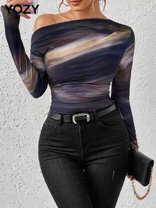 YOZY Women's All Over Print Ruched Asymmetrical Neck Tee, Casual Long Sleeve T-Shirt for All Seasons, Women's Clothing for Daily Wear