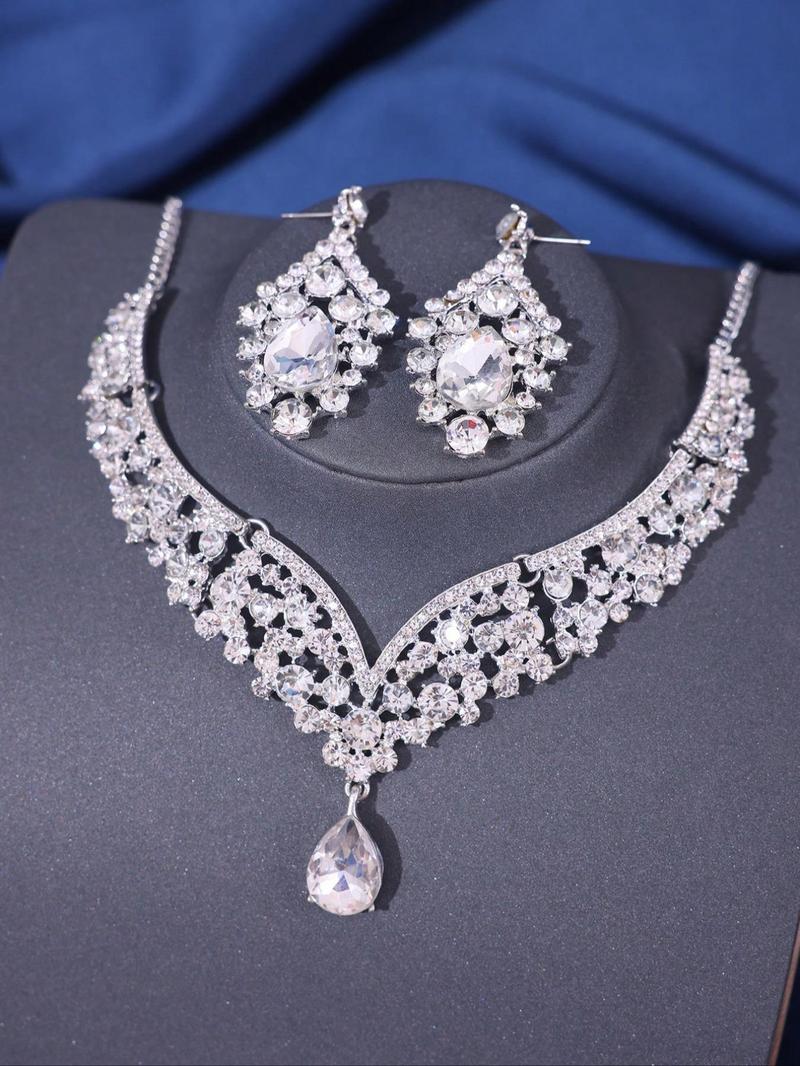 Product Introduction of 4pcs/set Rhinestone Decorated Crown & Necklace & Earrings, Elegant Wedding Bridal Jewelry Set, Bridal Party Favor for Women Girl Gift 5