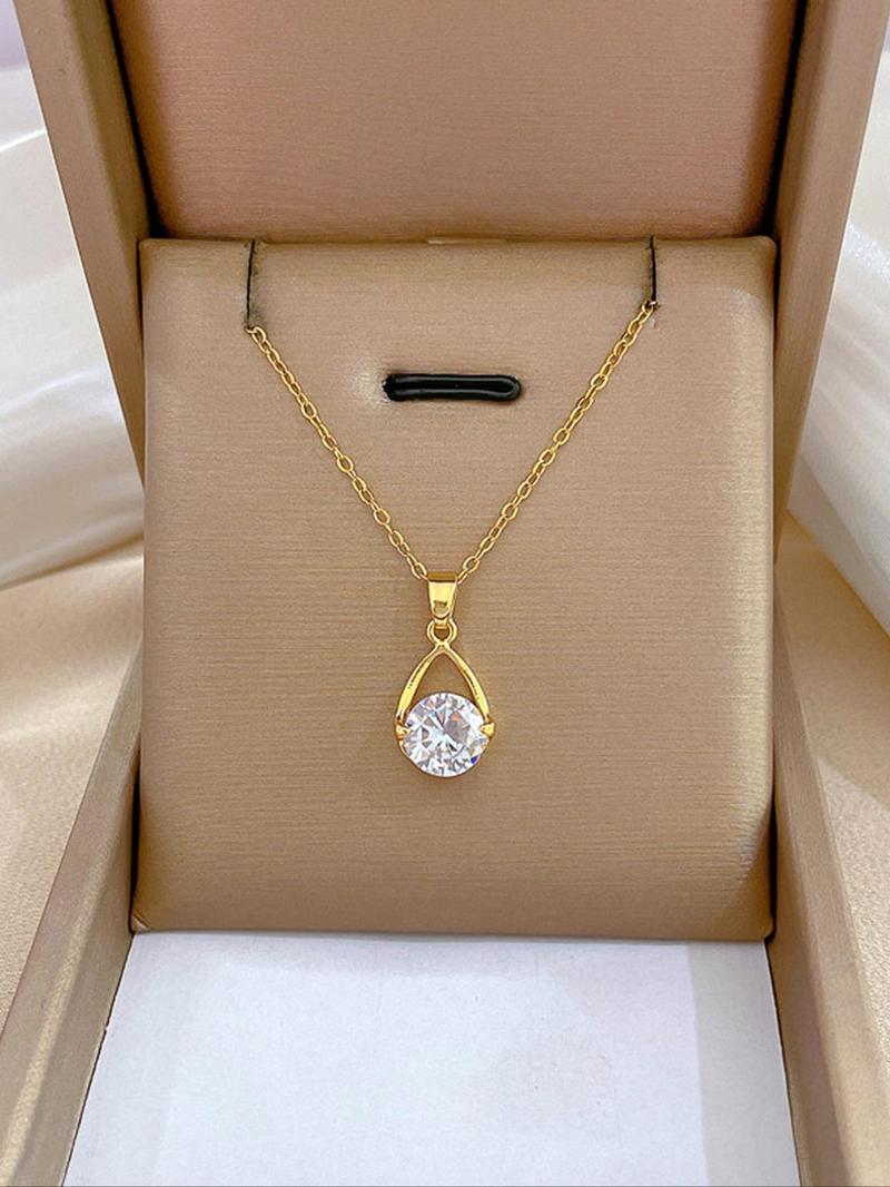 Product Introduction of Women's Elegant Water Drop Pendant Necklace Inlaid Round Rhinestone, Exquisite Trendy Pendant Necklace, Chic Jewelry As Gift for Girlfriend 0