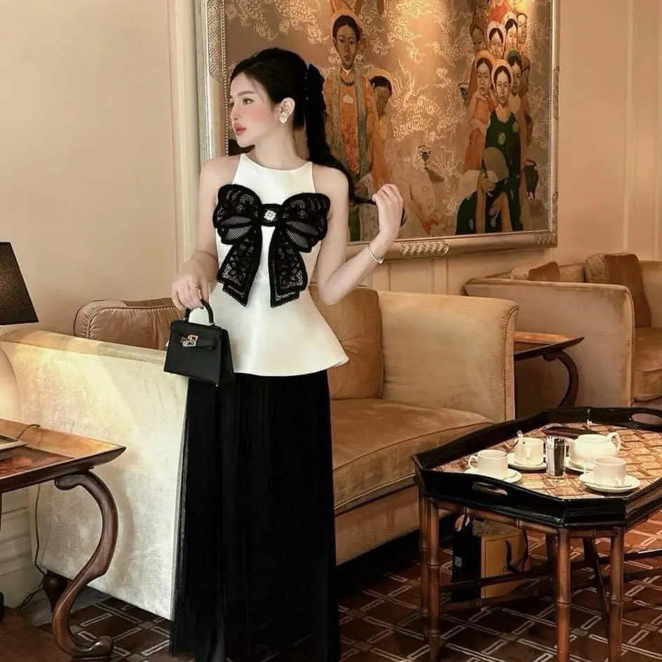Sét áo tafta đính nơ + chân váy voan lưới mềm hàng chuẩn