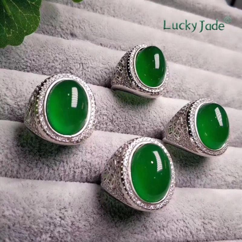 Product Introduction of [Lucky Jade] S925 Silver-Plated Inlaid Green Chalcedony Men's Rings High-End Gift 88
