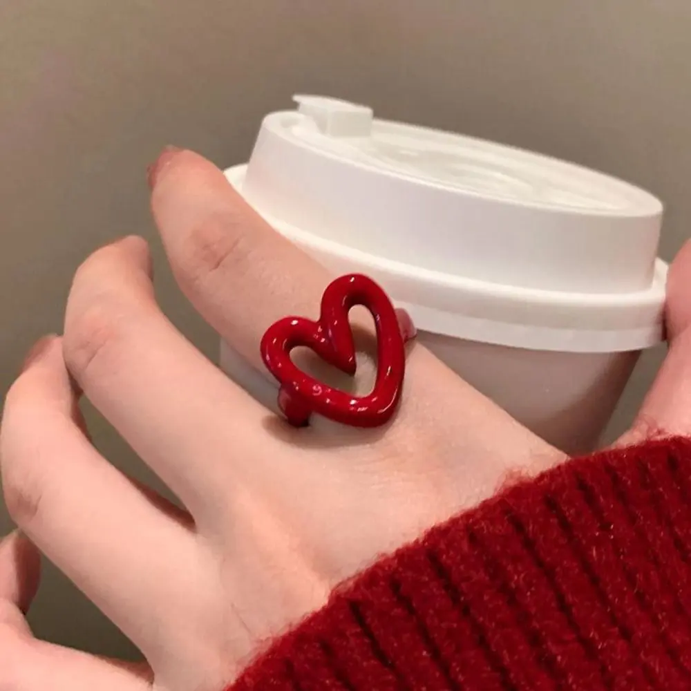 Vintage Metal Red Open Ring Enamel Heart Gift Y2K Opening Rings Elegant Adjustable Ring Gift
