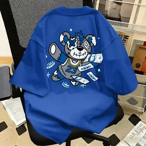 Kaos Lengan Pendek Gaya Trendi Hip Hop Amerika No. 23 Motif Beruang Ganas, 100% Katun, Ukuran Besar, Atasan Longgar, Unisex