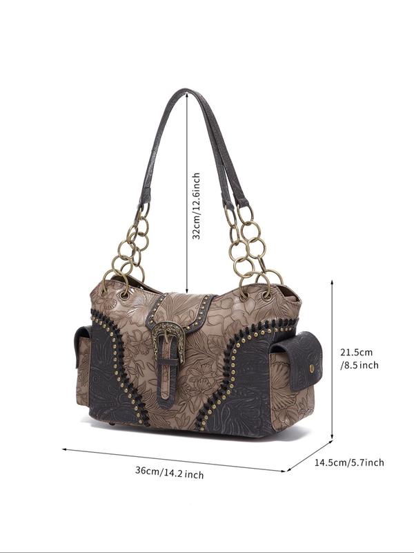 Fashion Vintage Floral Embossed Buckle Decorated Square Bag,  Casual Shoulder Bag for Women, All-match Handbag for Daily Used 8