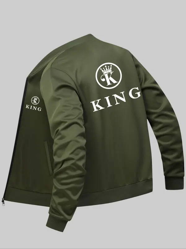Men's Letter Print Zip Up Baseball Collar Jacket, Regular Fit Casual Long Sleeve Pocket Outerwear for Daily Wear, Fashion Men's Clothes for All Seasons 6