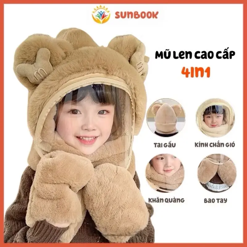 Mũ Len 3in1 Lông Trùm Đầu Có Kính Chắn Gió Kèm Khăn Quàng Cổ Và Xỏ Tay Cho Bé Kem Nâu Xanh Hồng