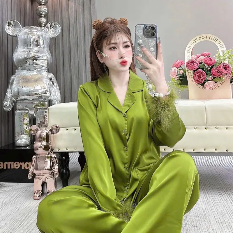 TAY LÔNG VŨ, (40-60Kg và 60-75Kg), Đồ Bộ Nữ, Tay Dài Quần Dài, In Họa Tiết Trơn Viền Tua Rua, Chấy Vải Lụa Mịn, Mềm, Mát 5