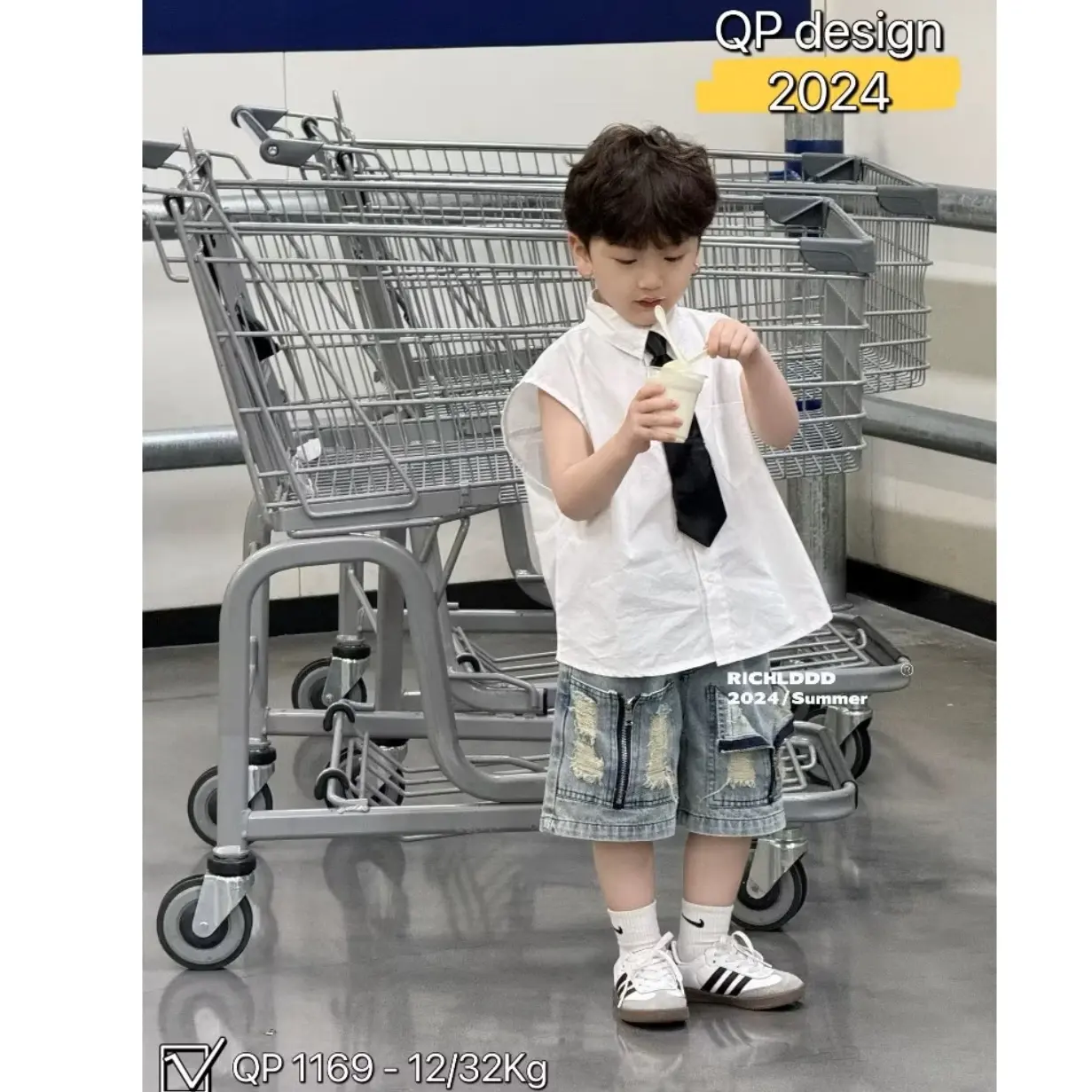 ￼[M02] Set sơ mi bé trai Kèm cà vạt mix quần jean rách cho bé đi học đi chơi size từ 9-28kg , quần áo trẻ em