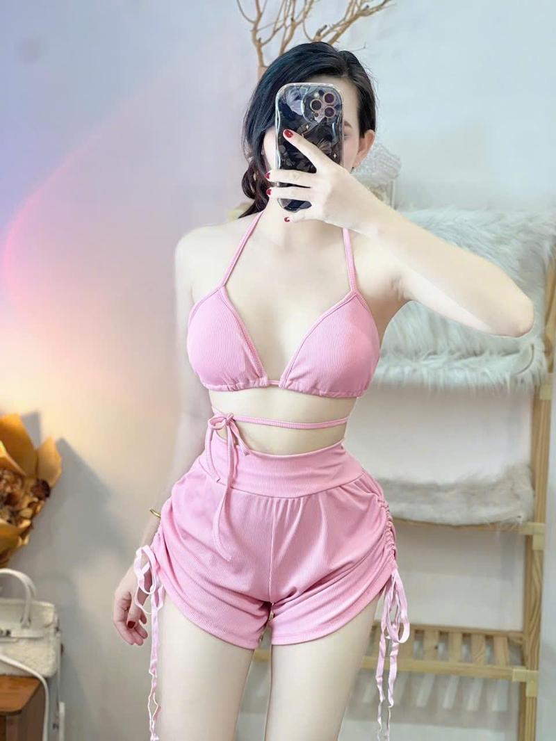 Product Introduction of Set Bikini Quần Đùi Thun Kín Đáo , Quần Rút Dây Áo Có Mút Ngực Set Tắm Bikini Đi Biển - U020 Nữ Women Top 2