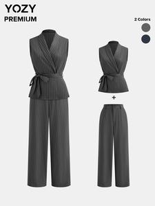 YOZY Women's Striped Print Belted Shawl Collar Vest Blazer & Pants Two-Piece Set, Elegant Fashion Casual Two Piece Outfits for Work Office Business, Ladies Clothes for All Seasons
