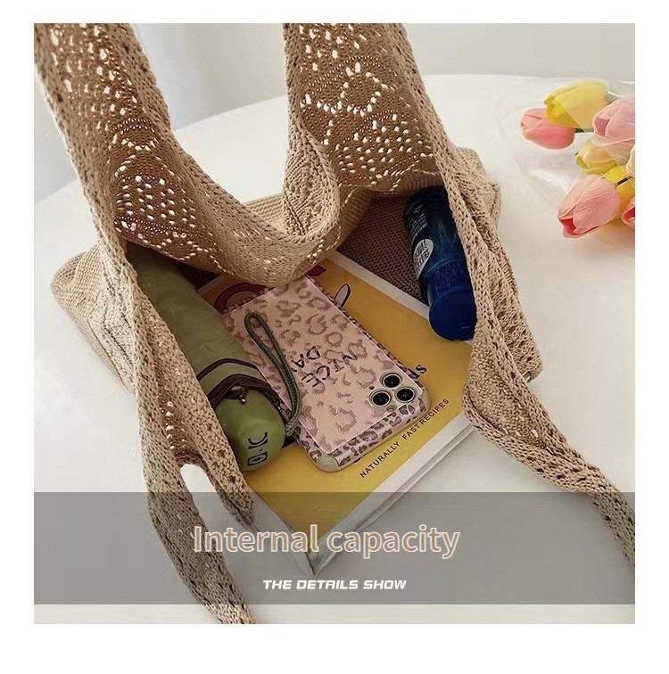 Product Introduction of Woven Bag Tote Bag Vintage Hollow Knit Bag Simple Bags Niche Unique Handbag Women's Bag Solid Color Campus Shoulder Bag good  totes  croissant  bag 7