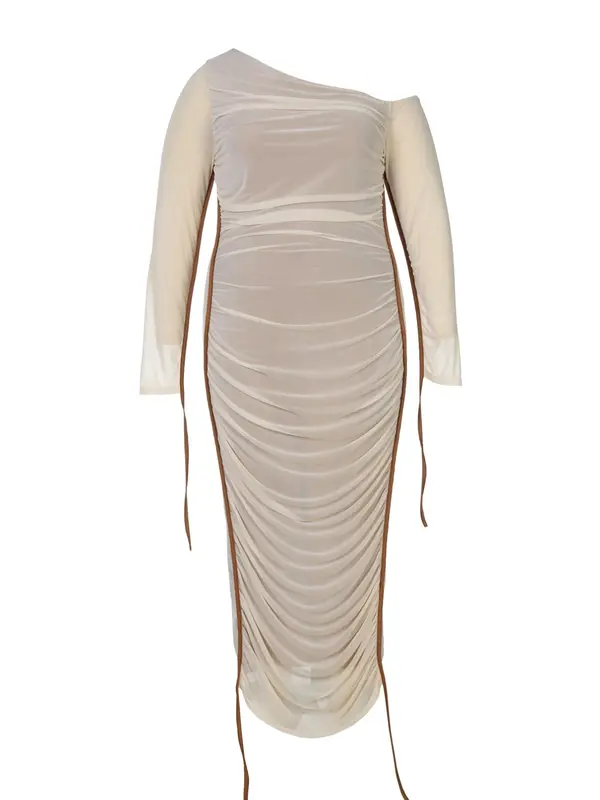 【Plus Size】 Colorblock Ruched Asymmetrical Neck Bodycon Dress, Elegant Long Sleeve Tulle Dress for Party Club Holiday, Women's Clothes for Spring & Fall, Longsleeves Womenswear, Lady 4