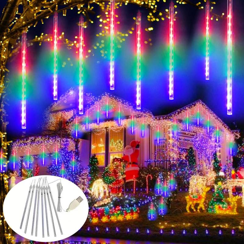 Product Introduction of USB Powered Raindrop Light, 1 Count 8 Tubes LED String Light, Christmas Outdoor Garden House Window Decoration Light for Wedding, Party 0